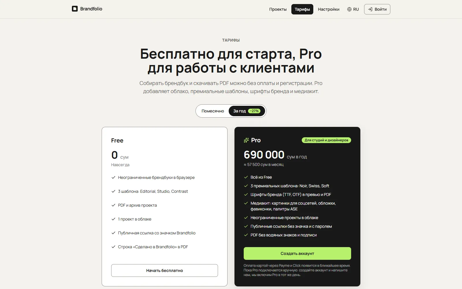 Страница тарифов Brandfolio