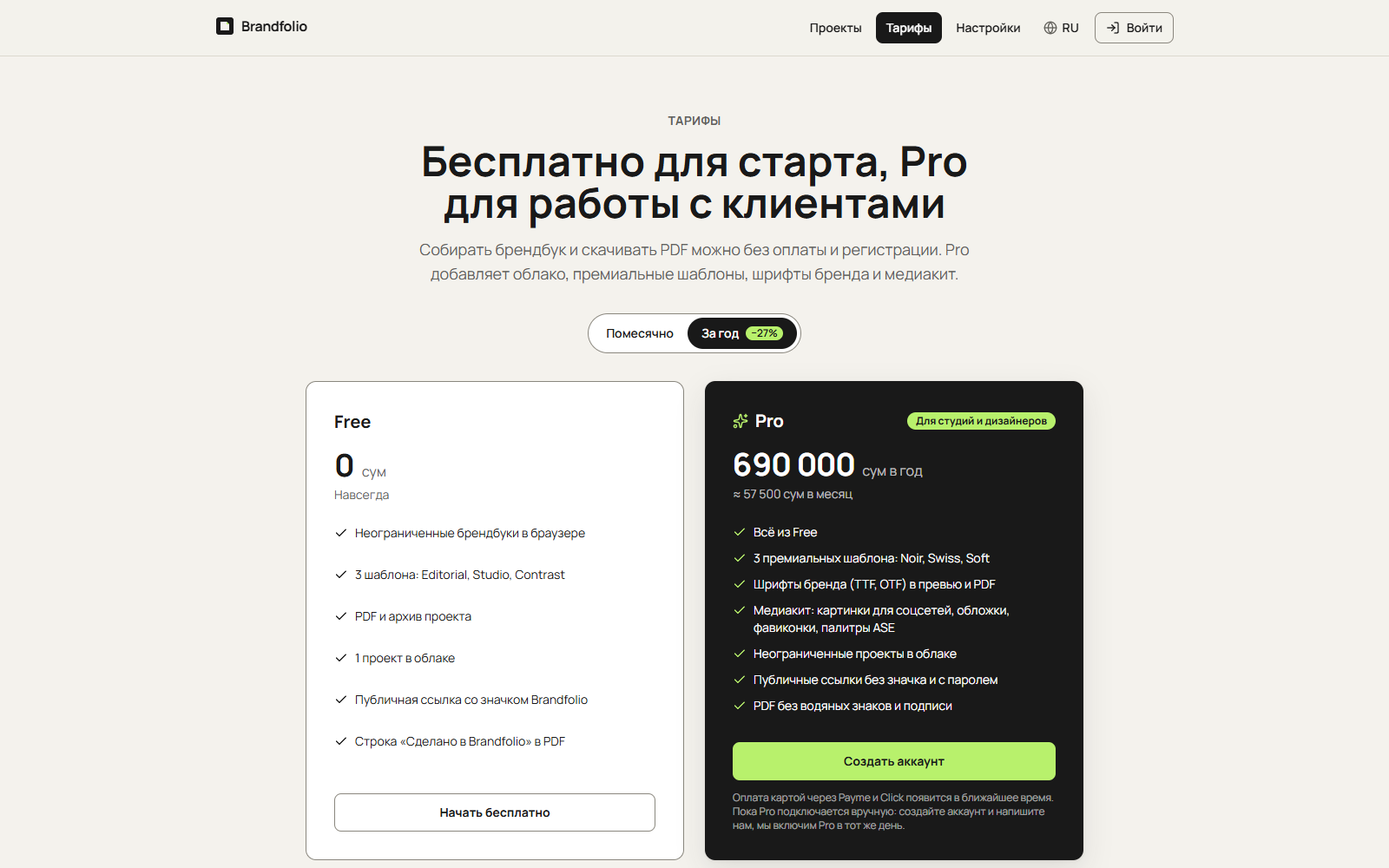 Страница тарифов Brandfolio