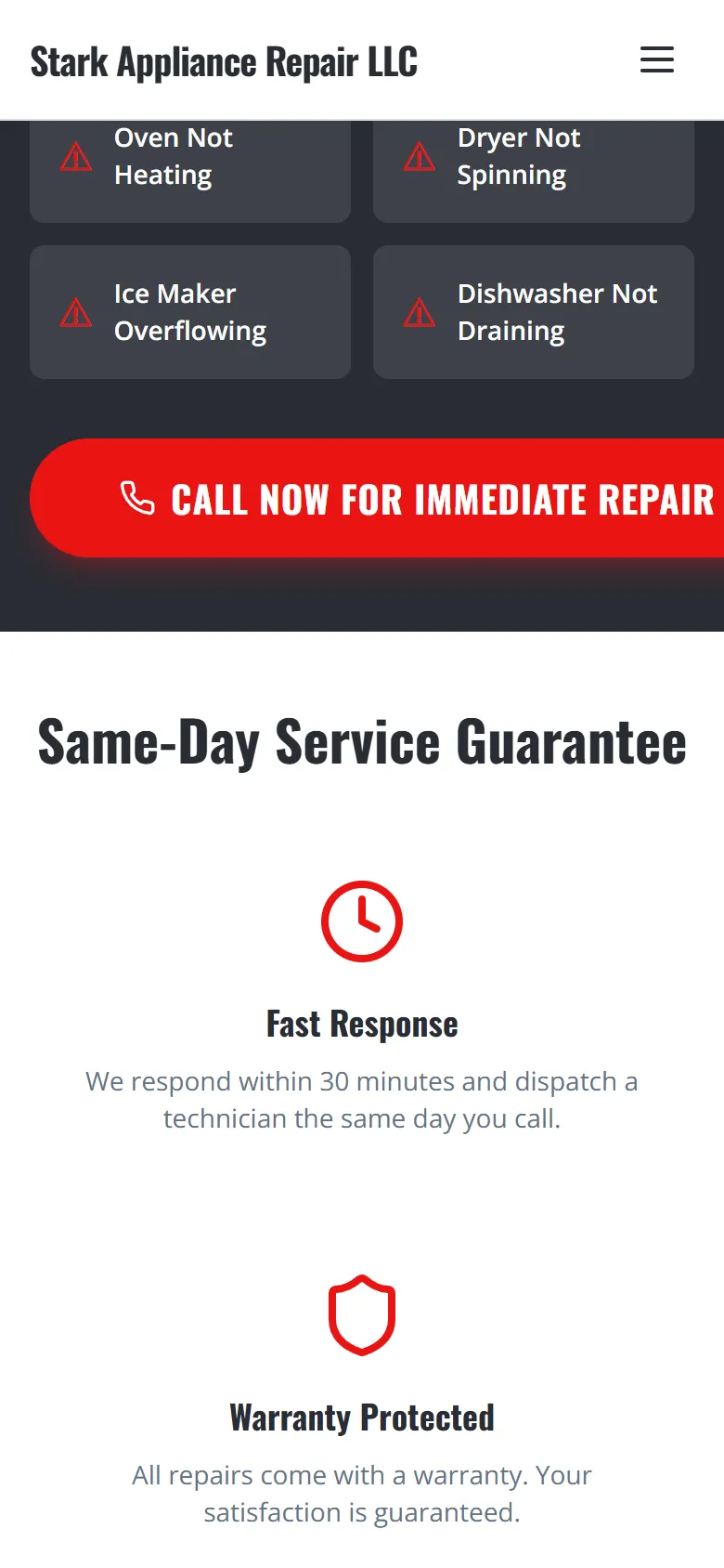 Мобильная версия Stark Appliance Repair: частые поломки и гарантии