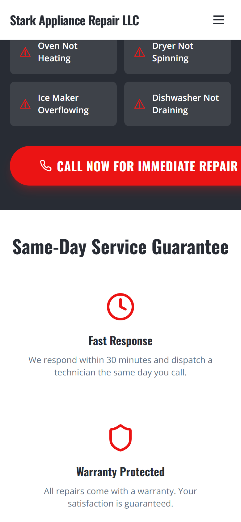 Мобильная версия Stark Appliance Repair: частые поломки и гарантии