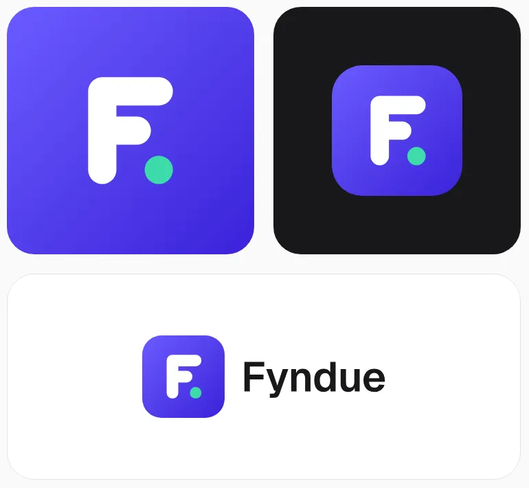Айдентика Fyndue: знак F с мятной точкой, палитра индиго и мяты