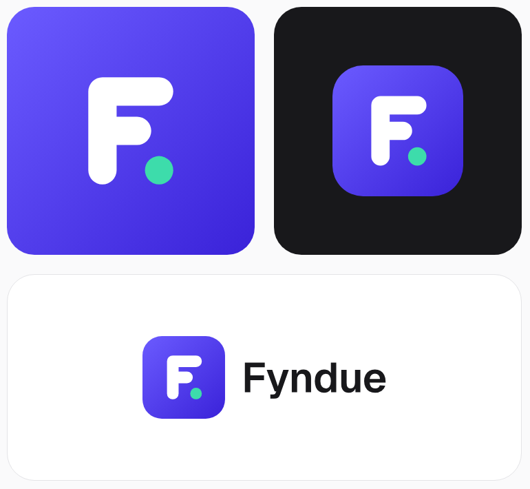 Айдентика Fyndue: знак F с мятной точкой, палитра индиго и мяты