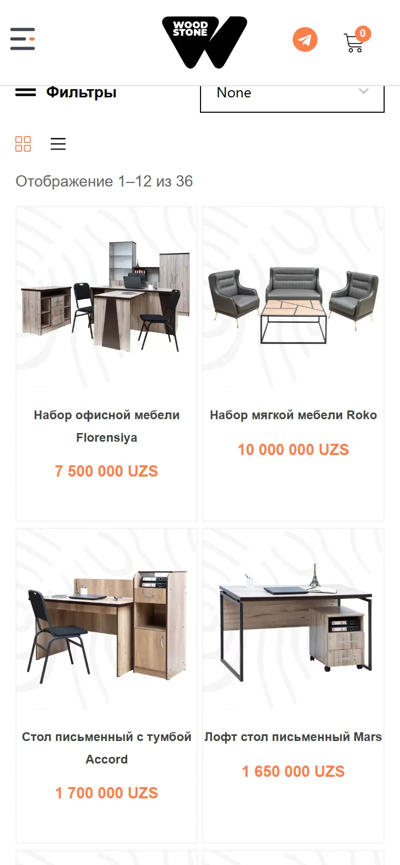Мобильная версия Woodstone: каталог с фильтрами
